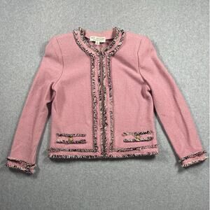 St. John Collection Blazer Women's Size 4 Rose Pink Boucle Knit Fringed Full Zip